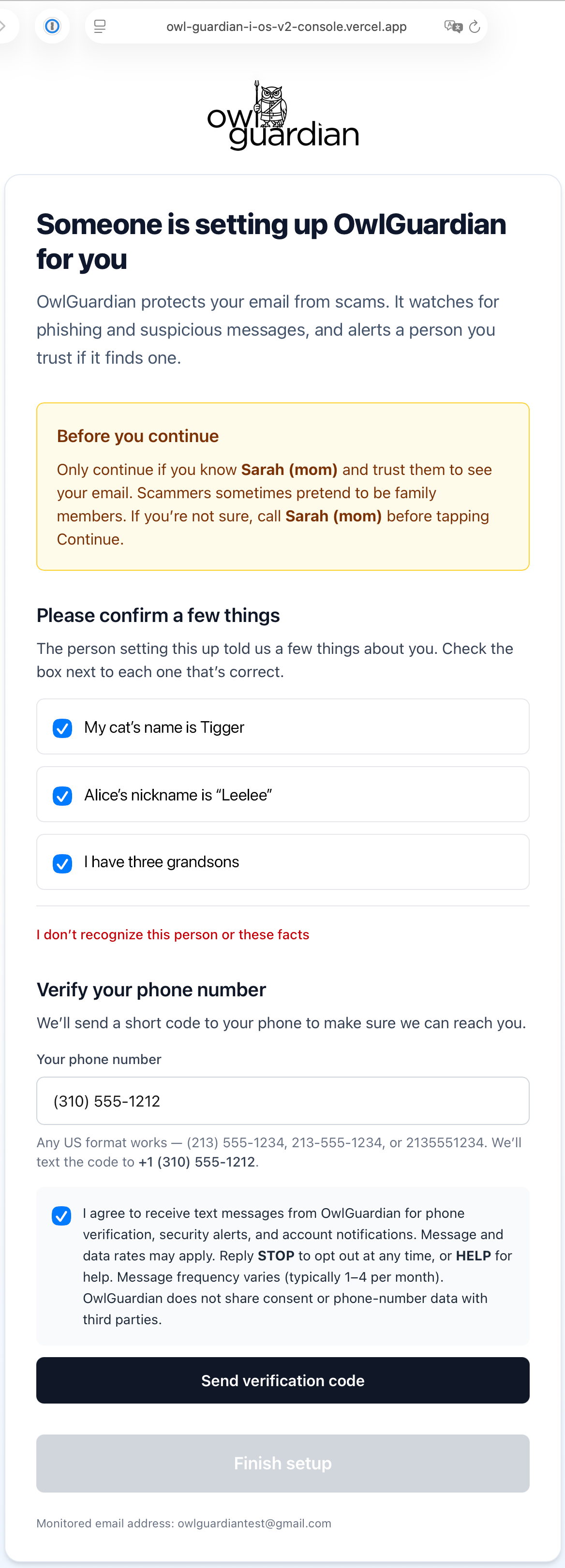 Screenshot of the OwlGuardian onboarding page showing the monitored user entering their own phone number with an optional SMS consent checkbox. The Send verification code button is enabled once a valid phone number is entered, regardless of the checkbox.