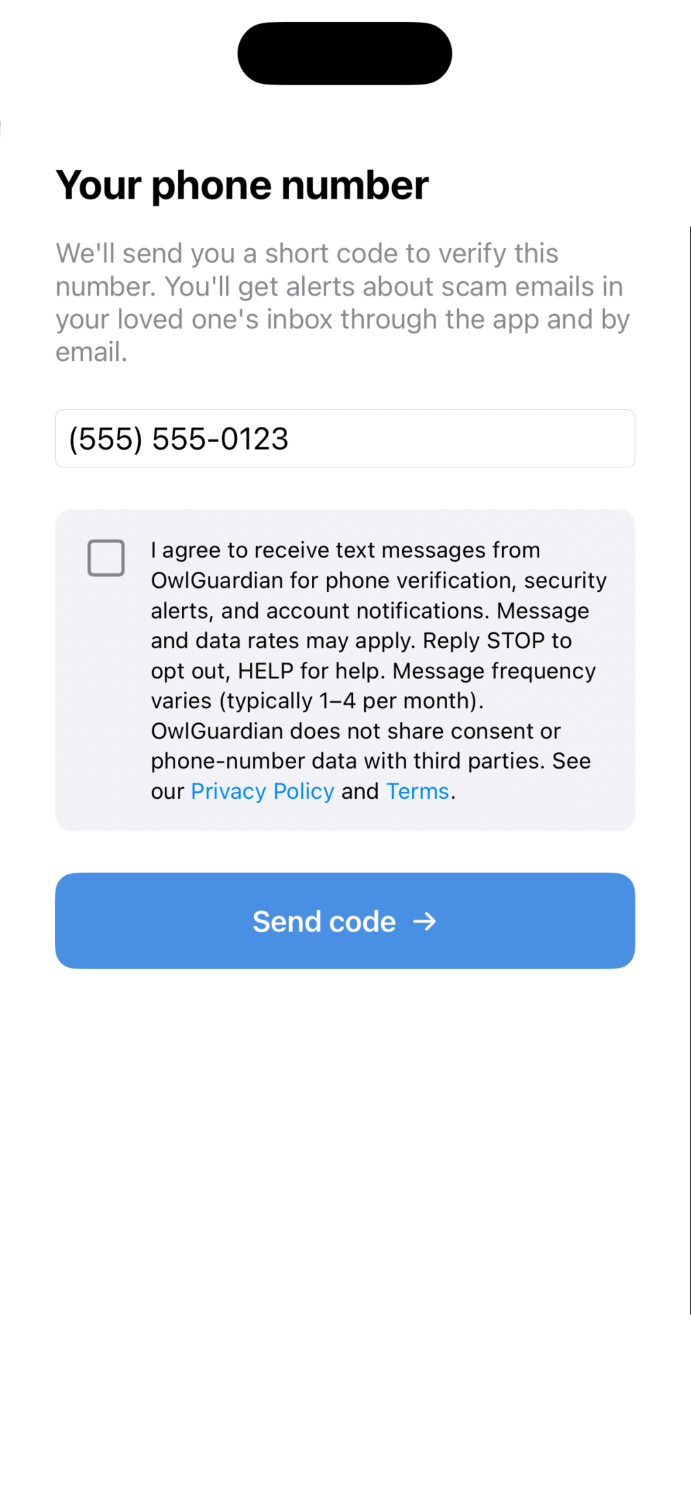 Screenshot of the OwlGuardian iOS app showing the trusted contact entering their own phone number with an optional SMS consent checkbox. The Send code button is enabled once a valid phone number is entered, regardless of the checkbox.