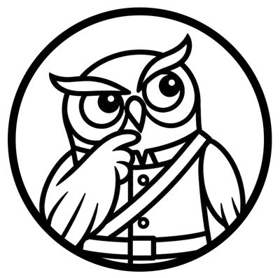 The OwlGuardian owl with a hand to its beak, thinking