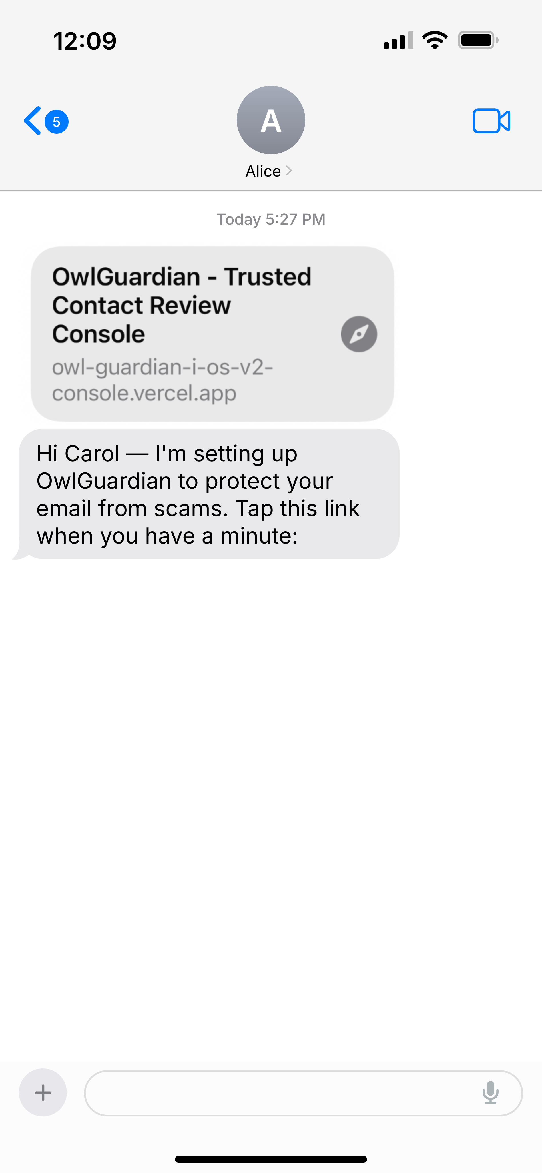 The Trusted Contact's iMessage to the Monitored User containing the OwlGuardian onboarding link