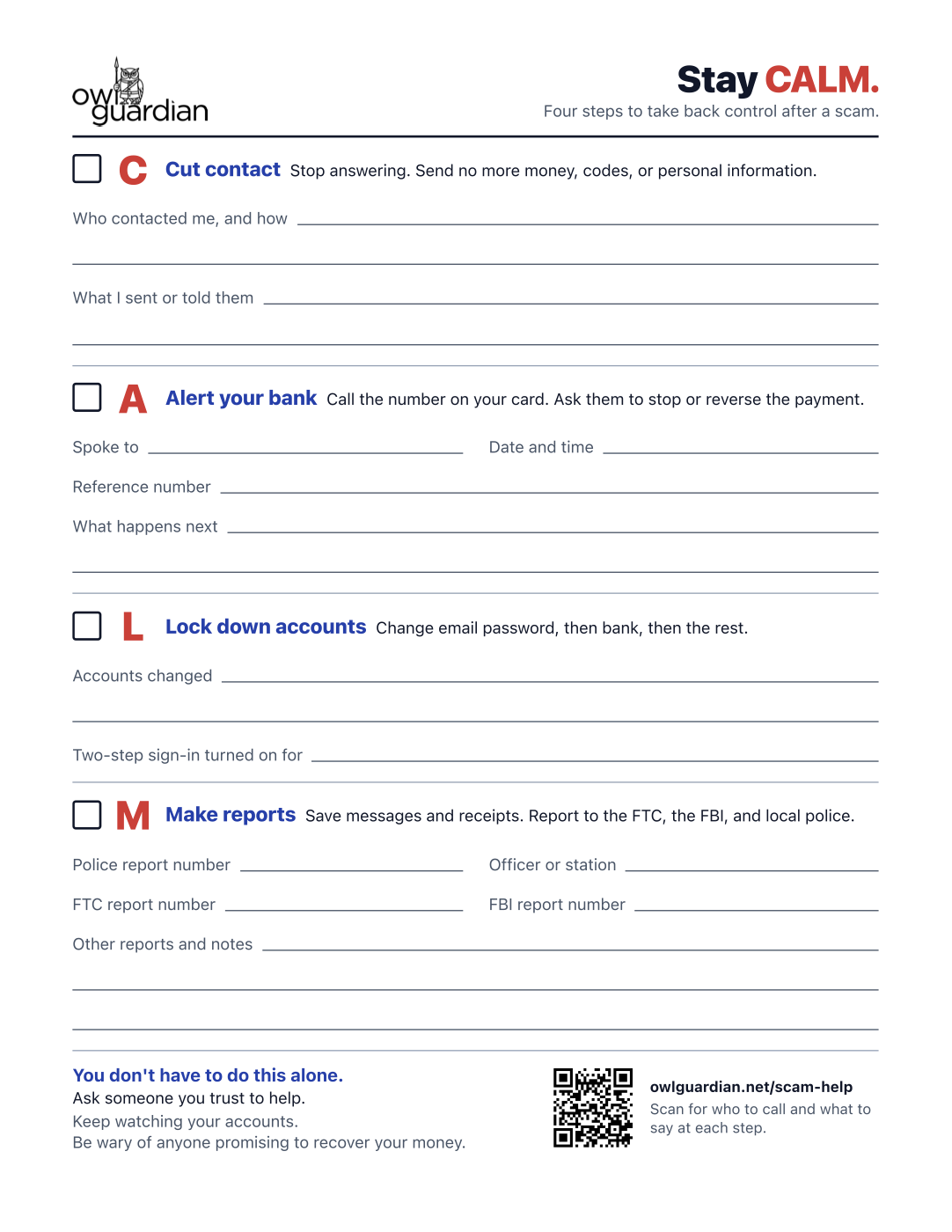 Page one of the Stay CALM checklist: a tick box and fill-in lines for each of the four steps, the OwlGuardian logo at the top and a QR code for owlguardian.net/scam-help at the bottom