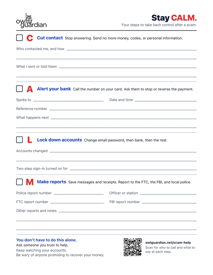 Page one of the Stay CALM checklist: a tick box and fill-in lines for each of the four steps, the OwlGuardian logo at the top and a QR code for owlguardian.net/scam-help at the bottom