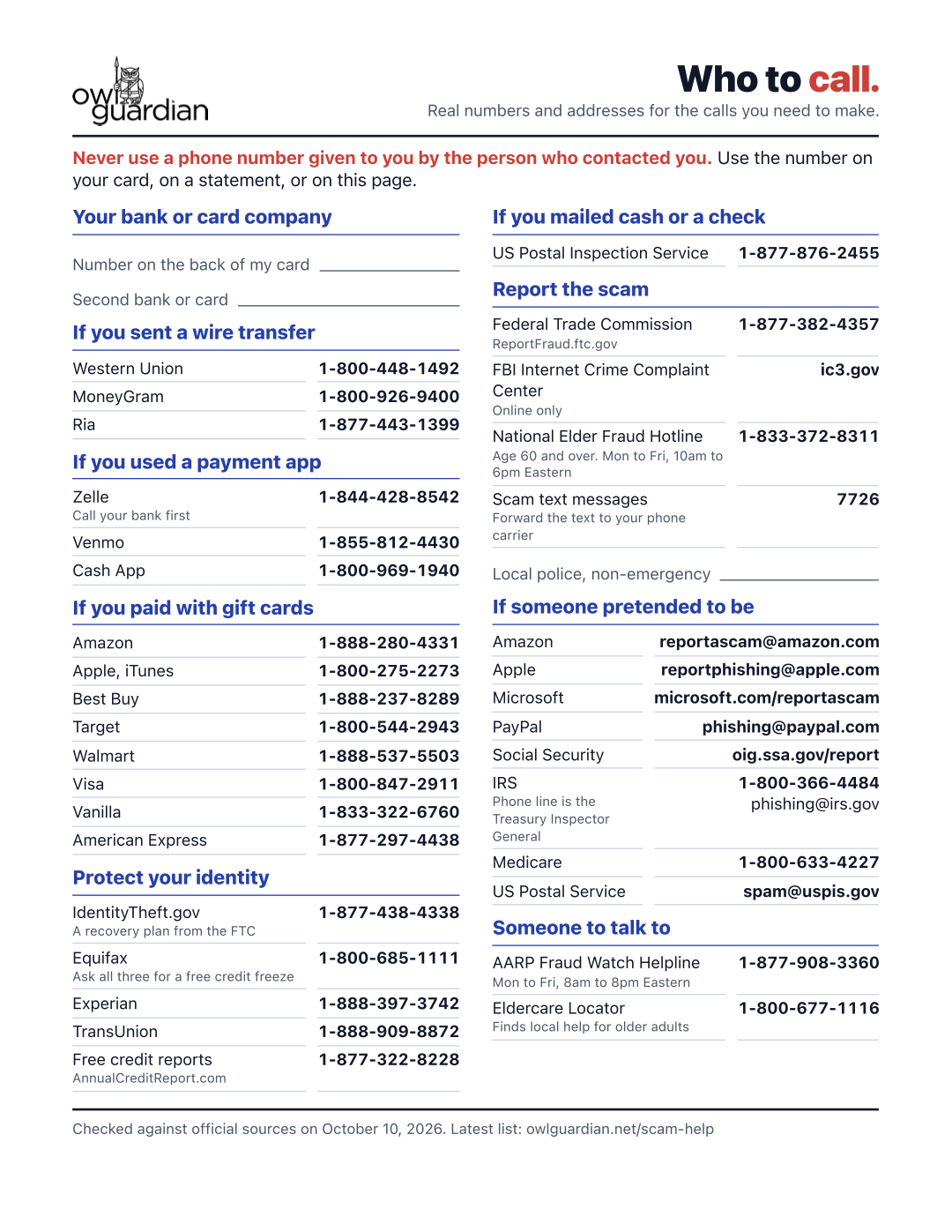 Page two of the checklist, Who to call: phone numbers and addresses grouped by CALM step