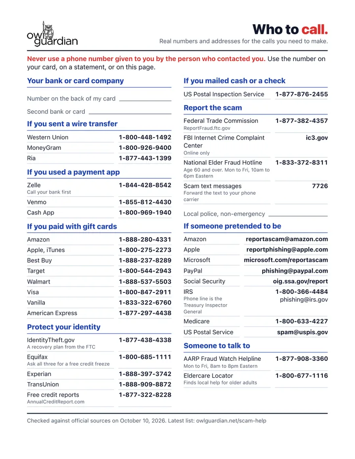 Page two of the checklist, Who to call: phone numbers and addresses grouped by CALM step