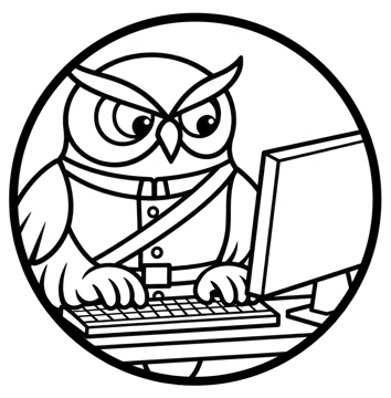 The OwlGuardian owl typing at a computer that shows a padlock