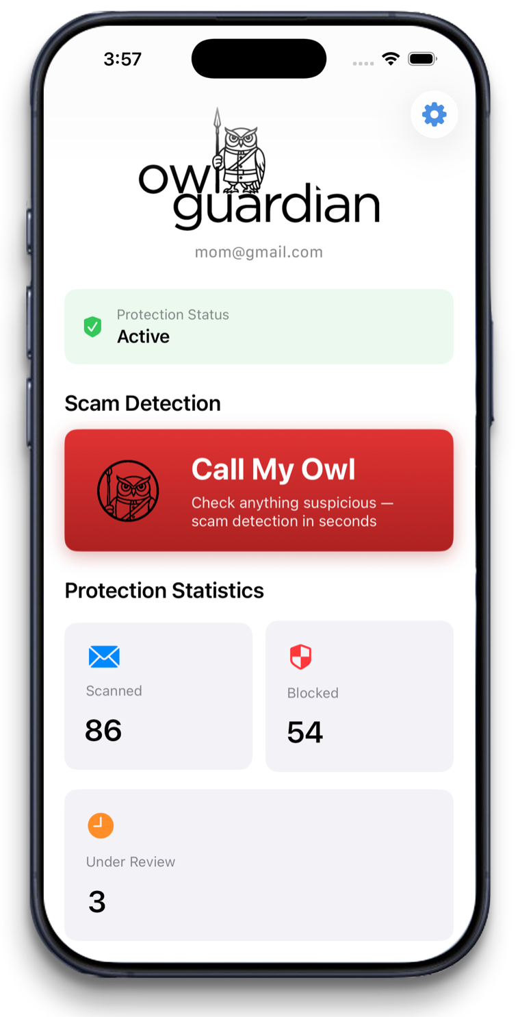 OwlGuardian home screen: protection status active, a Call My Owl button, and statistics showing 86 emails scanned and 54 blocked.