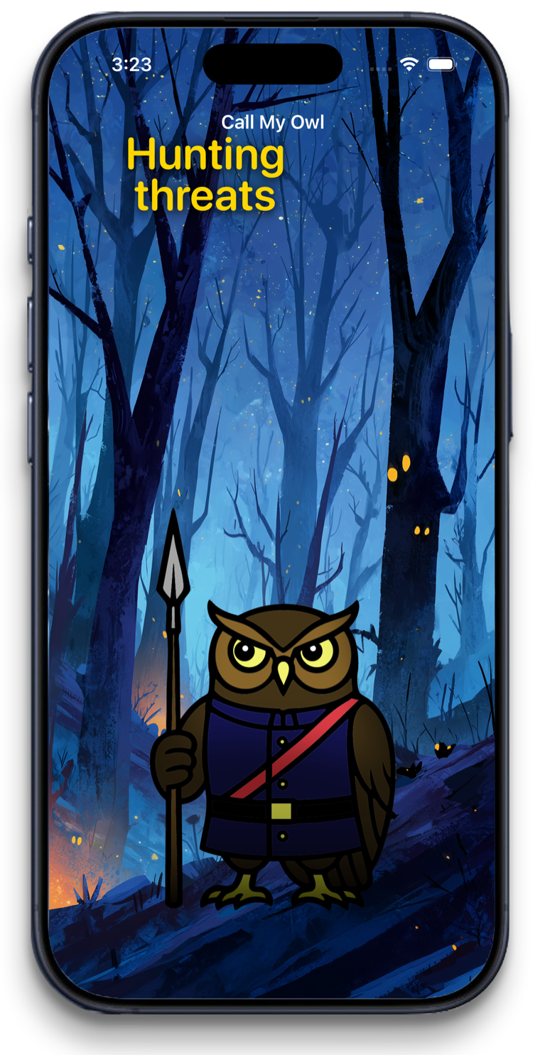 Call My Owl scanning screen with the OwlGuardian mascot and the words Hunting threats.