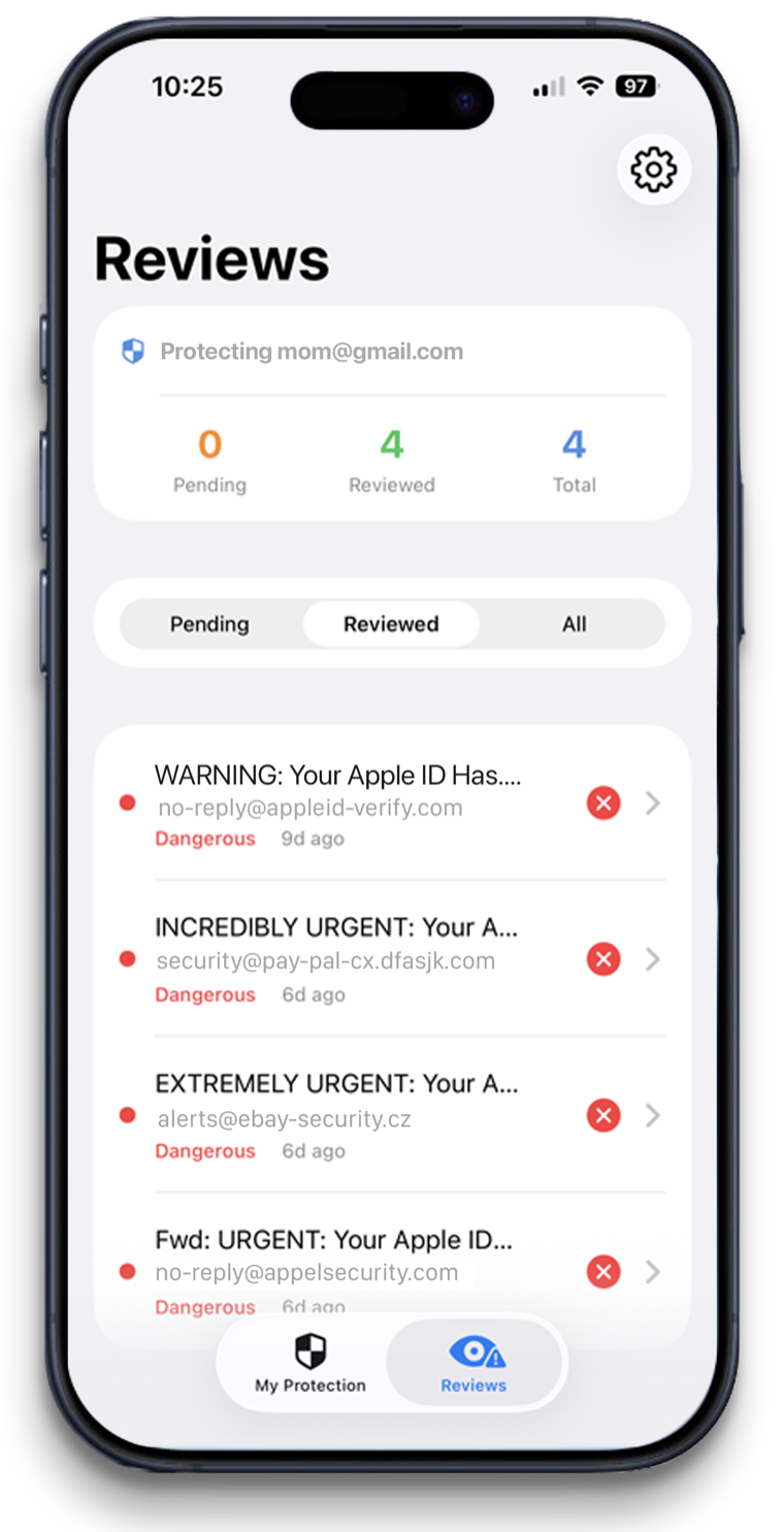 Reviews screen listing flagged dangerous emails, including fake Apple ID and PayPal scam messages.