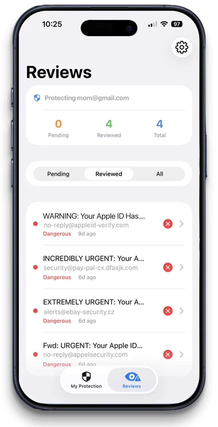 The Trusted Contact's Reviews screen listing four dangerous emails held back from mom@gmail.com
