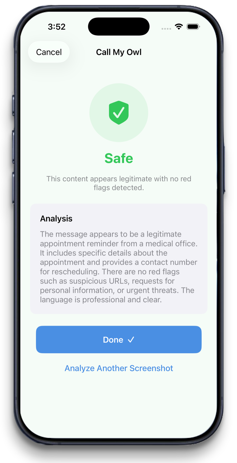 Call My Owl result marking a message as safe, with an explanation of why it appears legitimate.
