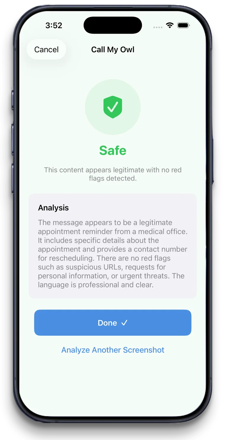 Call My Owl result showing a message that looks safe