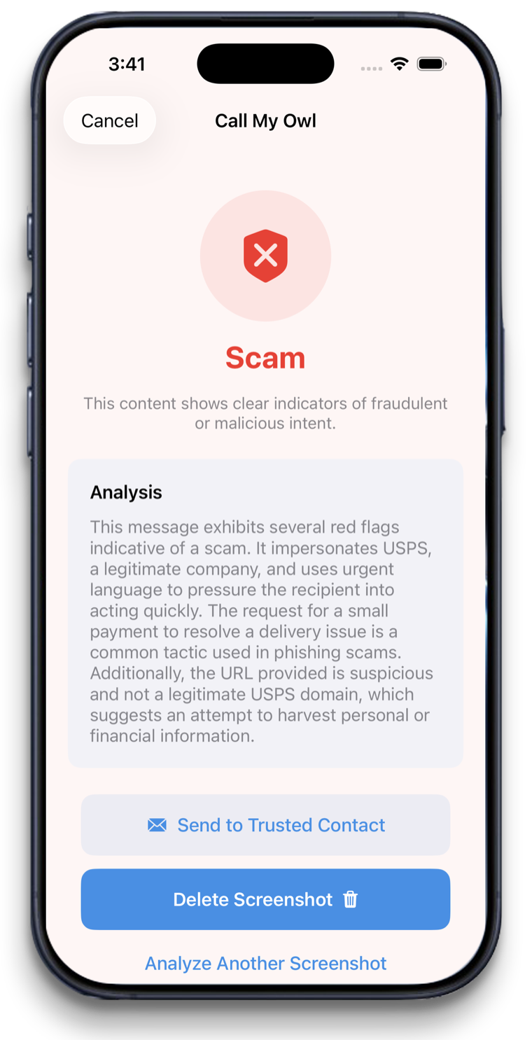 Call My Owl result marking a message as a scam, with a plain-language explanation of the red flags.
