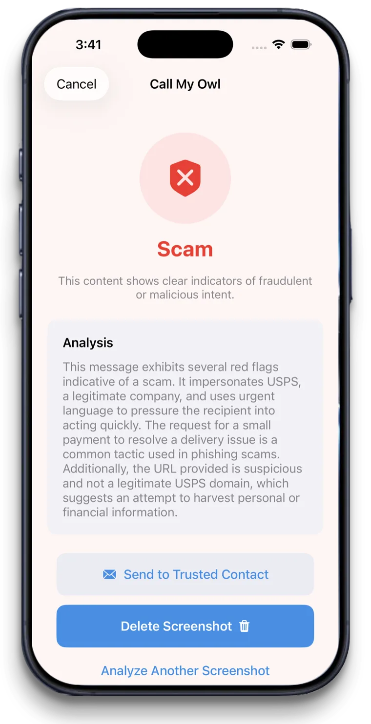 Call My Owl flagging a fake USPS message as a scam